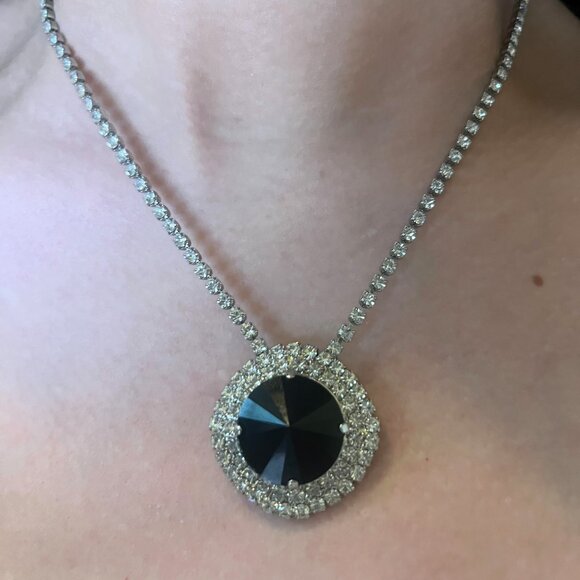 Handcrafted Rhinestone Shiny Silver Chain Swarovski Black Crystal Necklace Luxe - Picture 6 of 10